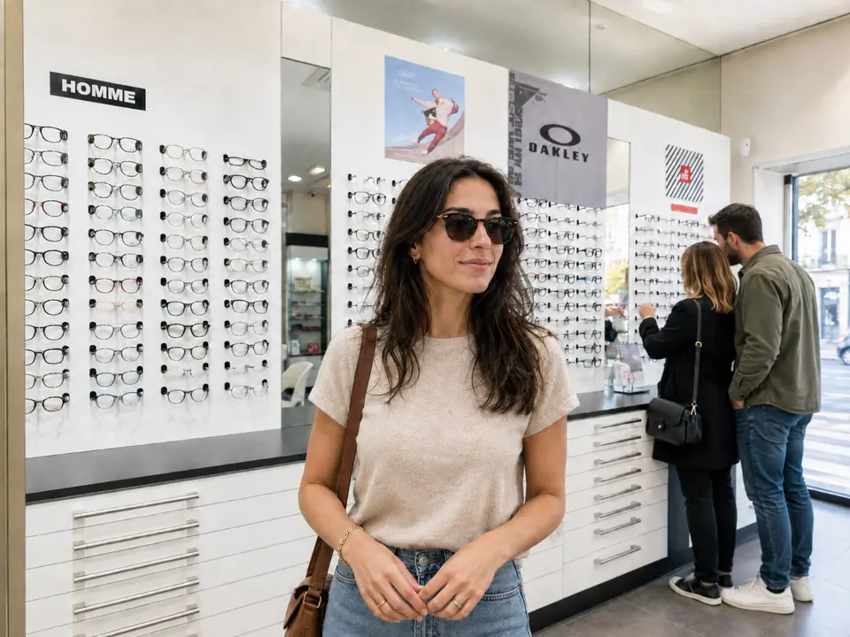 Jeune femme essayant des lunettes solaires en magasin