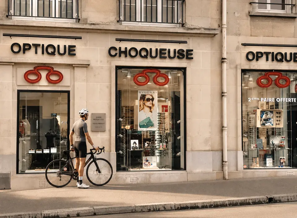 Cycliste devant la boutique de lunettes Optique Choqueuse